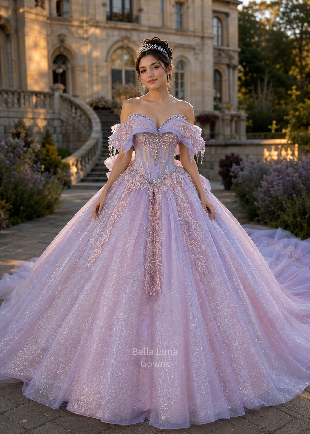 Lovell off-the-shoulder lavender and pink sparkly quinceañera dress with pearl and rhinestone bodice and cathedral train