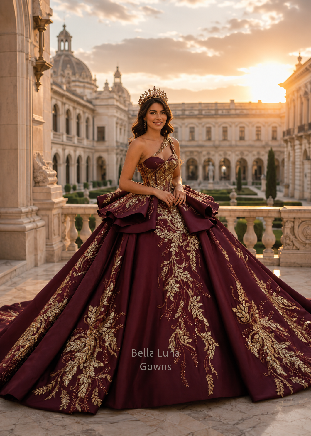 Empress Athena burgundy and metallic-gold quinceañera ball gown with sculptural peplum skirt