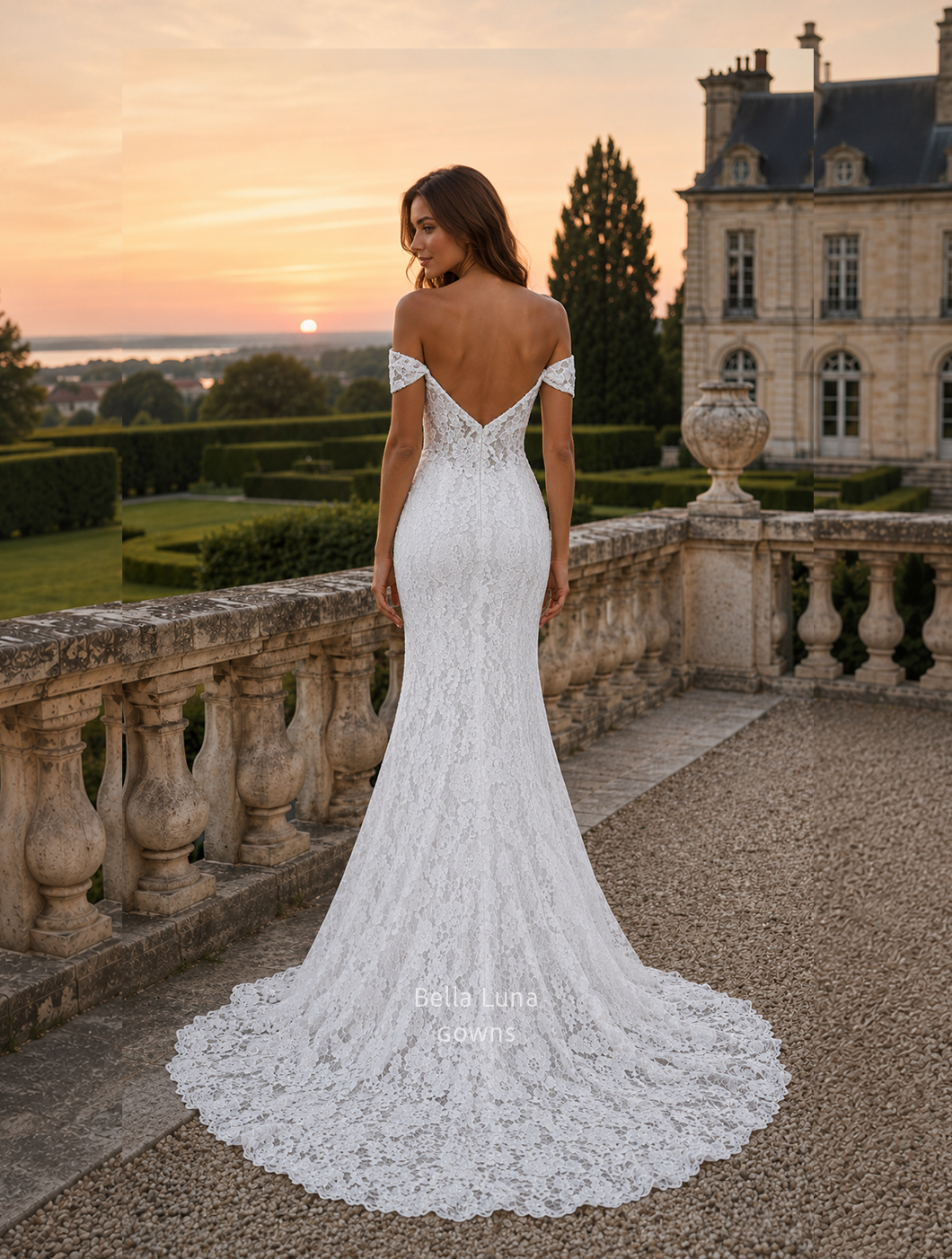 Back of Sienna mermaid wedding dress with deep V neckline and covered buttons